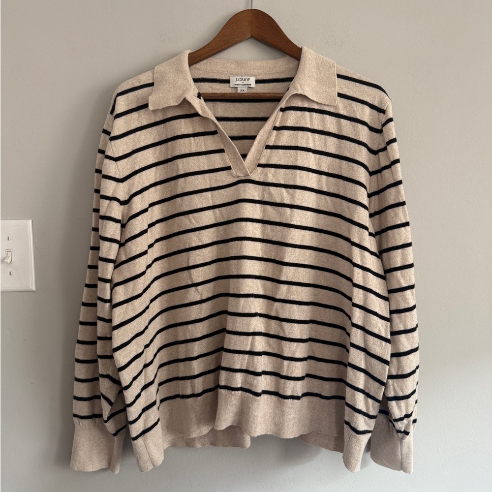 VGUC Women’s J. Crew Oatmeal/Black Striped Collared Lightweight Sweater, sz 2X